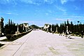 A view down the spirit way of the Qianling mausoleum of the Tang dynasty. Remains of the third set of que towers are visible in the mid-distance. The stone platforms would originally have been topped with pavilion-like structures.