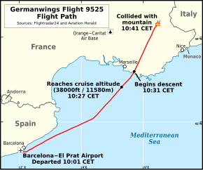 A map of the Mediterranean Sea, off the cost of Spain and France, with a red line connecting Barcelona on the left to a crash mark in the upper right, just north of the French coastline