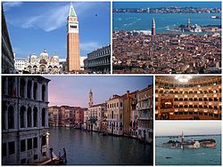 A collage of Venice: at the top left is the Piazza San Marco, followed by a view of the city, the Grand Canal, and the interior of La Fenice and finally the Island of San Giorgio Maggiore