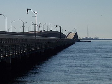 The Gandy Bridge was the first fixed crossing of Tampa Bay, with the original span opening in 1924. The 1956 (foreground, now demolished) and 1996 spans are visible.