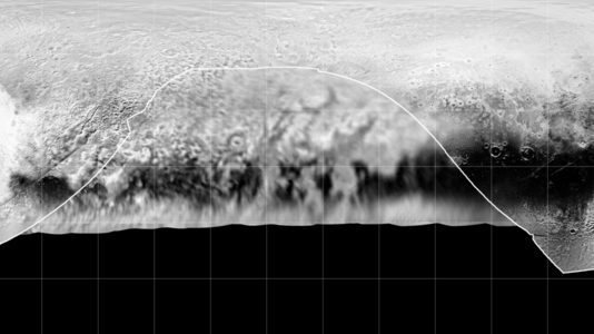 A composite image of the sub-Charon hemisphere of Pluto. The region inside/below the white line was on the far side of Pluto when New Horizons made its closest approach, and was only imaged (at lower resolution) in the early days of the flyby. Black regions were not imaged at all.