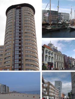 Clockwise from top left: Coastline skyscraper, harbour, museum, residential tower and boulevard with beach