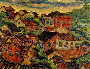 《淡水風景》/1937年/油彩、畫布/ 115×89厘米，蔣勳曾評言：「……此幅以山水為背景，勾劃出河港城鎮閩南式的聚落房舍。畫家濃郁的土地情感、對生活的熱烈關懷，山巒起伏，白雲悠悠，是淡水風景，也是畫家最申的心事。」