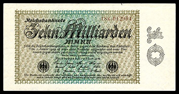 Ten-billion Mark at German Papiermark, by the Reichsbankdirektorium Berlin