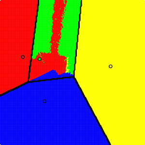 A diagram showing who would win an IRV election for different electorates. The win region for each candidate is erratic, with random pixels dotting the image and jagged, star-shaped (convex) regions occupying much of the image. Moving the electorate to the left can cause a right-wing candidate to win, and vice versa.