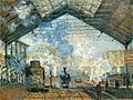 Claude Monet used several recently-invented colours in his Gare Saint-Lazare (1877). He used cobalt blue, invented in 1807, cerulean blue invented in 1860, and French ultramarine, first made in 1828.