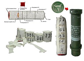 155 мм метательный заряд М4А2 "белый мешок" производства Indiana Army Ammunition Plant. Устройство, разобранный вид, собранный вид, контейнер для хранения и транспортировки