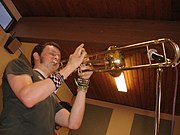 Matt Belanger formerly of ska punk band We Are the Union playing a valve trombone