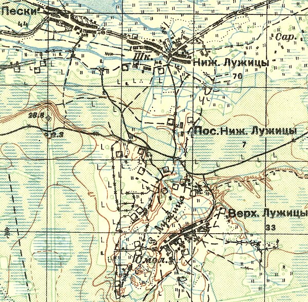 Деревни Пески и Лужицы на карте 1930 года