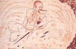 Stylized line drawing of Hulagu, seated and drinking from a bowl