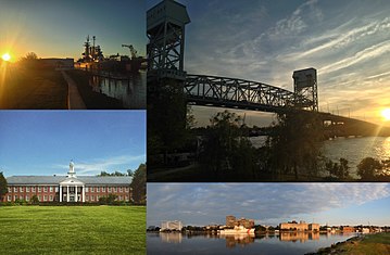 Clockwise, from top left: USS North Carolina, the Cape Fear Memorial Bridge, Hoggard Hall on the campus of UNC Wilmington, and Downtown Wilmington on the Cape Fear River