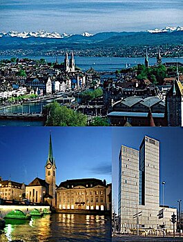 Top: View over Zürich and the lake Middle: Fraumünster Church on the river Limmat (left) and the Sunrise Tower (right) Bottom: Night view of Zürich from Uetliberg