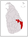 Area map of Ampara District, located along the east by south and south east coast and projecting into the interior of the country at the northern border, in the Eastern Province of Sri Lanka