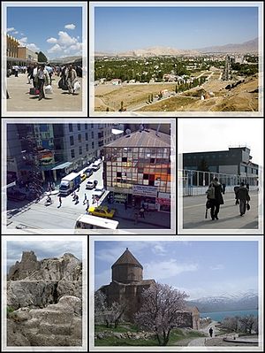 Top left:Van railroad station, Top right:View of Van from Van Castle, Middle left: downtown Van city, Middle right:Van Ferit Melen Airport, Bottom left: Van Fortress, Bottom right: Armenian Cathedral of the Holy Cross