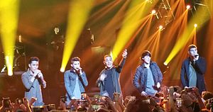 CNCO debut concert, Miami Beach, January 30, 2016. From left: Joel Pimentel, Erick Brian Colón, Richard Camacho, Christoper Vélez and Zabdiel De Jesús