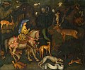 La Visión de San Eustacio por Pisanello, c1440. El santo viste un chaperon sumamente voluminoso de estilo A. Al igual que con otros sombreros pintados por Pisanello, el dibujo puede ser algo exagerado comparado con los son sombreros reales.[7]​