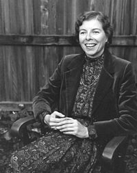 Ann Bannon in 1983, black and white photograph of subject seated