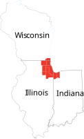 A map of the Chicago metropolitan area in relation to the states of Wisconsin, Illinois, and Indiana