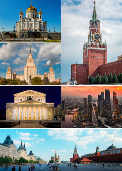 Clockwise from top left: Cathedral of Christ the Saviour; Spasskaya Tower of the Moscow Kremlin; MIBC; Red Square; Bolshoi Theatre; and Moscow State University.