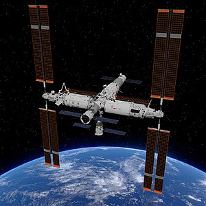 Rendering of the Tiangong space station, its construction complete with the addition of the Wentian and Mengtian modules.