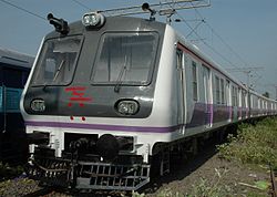 White and purple coloured MRVC Siemens rakes on the Western Line