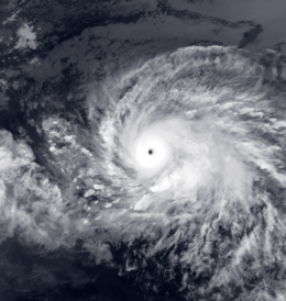 Satellite image of a large, mature hurricane. The structure of the storm is similar to the number "9", with a single, large rainband curving into the center. At the center, there is a small, well-defined eye.