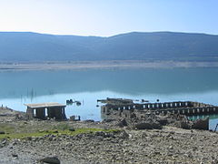 Partial view of Yesa reservoir. In the foreground, the flooded area of the Tiermas Hot Springs Spa.