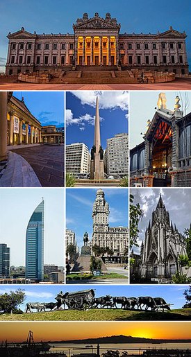 Top: Legislative Palace of Uruguay, Second: Solis Theater, Obelisk of Montevideo, Mercado Agrícola de Montevideo [es] (left to right), Third: Telecommunications Tower, Palacio Salvo, Montevideo Carmelitas Church (left to right), Fourth: La Carreta Monument, Bottom:View of Fortaleza del Cerro, from Montevideo Port