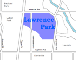 Location of Lawrence Park North (green) and Lawrence Park South (blue) within Toronto