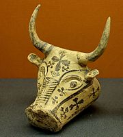 Bull's head, Mycenaean rhyton Terra cotta, 1300–1200 BC. Found in a tomb on Karpathos, British Museum