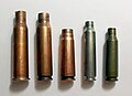 Modern service rifle cartridges cases: (left to right) 7.62×54mmR, 7.62×51mm NATO, 7.62×39mm M43, 5.56×45mm NATO, 5.45×39mm M74.