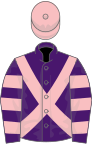 Purple, pink cross-belts, hooped sleeves, pink cap