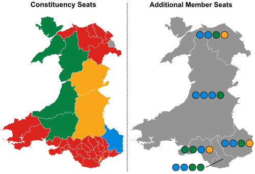 A map showing the constituency winners of the Election by their party colours.