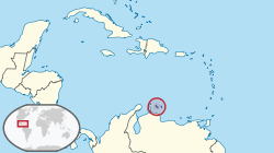 Location of Curaçao (circled in red) in the Caribbean (light yellow)