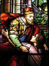 Stained glass window based on the Parable of the Prodigal Son in Charleston, South Carolina