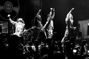 DragonForce in Indonesia in 2013. From left to right: Frédéric Leclercq, Dave Mackintosh, Herman Li, Sam Totman, Marc Hudson and Vadim Pruzhanov.