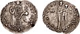 Miliaresion struck by Romanos III (r. 1028–1034), featuring a departure from the original cross and phrasing design, and instead portraying the Virgin Mary with the infant Christ on the obverse and the standing Emperor dressed in Imperial regalia on the reverse.