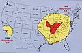 Damage-range comparison between a moderate New Madrid zone earthquake (1895, magnitude 6.8), and a similar Los Angeles event (1994, magnitude 6.7).