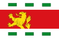 A flag divided in three horizontal bands. The red center band is wider and contains the top half of a gold lion rampant on the left. The top and bottom white bands contain three equally spaced green rectangles each.