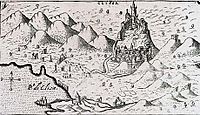 The location of the fortress on the image from the 16th century