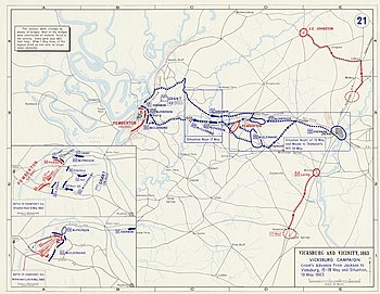 Map of the situation from May 15–19, 1863. Grant's army moved west from Jackson to Vicksburg, with battles at two points between the two. Pemberton's Confederate army ends up in Vicksburg, while Johnston moved to the northeast of Jackson