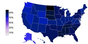 Percentage of state populations that identify with a religion rather than "no religion", 2001.