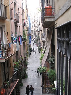 Carrer dels Agullers, a typical narrow street view in la Ribera