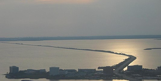 While the Courtney Campbell Causeway itself is almost 10 mi (16.1km) long, its longest over-water span (center-left) is just over one half-mile (804.7m) long.