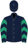 Dark blue, emerald green chevrons on sleeves, dark blue cap