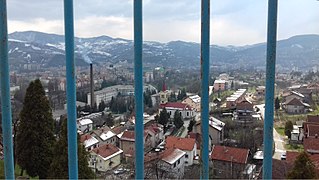 Winter cityscape view from road to Smetovi, church and hospital in the first plan