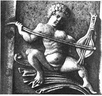 A close up black and white photograph of a carving, which depicts a seated young man playing a stringed instrument with a long bow