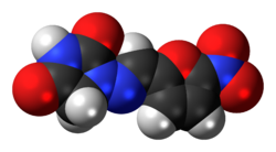 Ball-and-stick model of the nitrofurantoin molecule