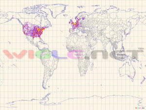 Map of Wi-Fi nodes in the world collected by the WiGLE project