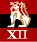 A red rectangle with a central black bar. On this background is a Burmese dragon. Under it, is the roman numerals XII in white.